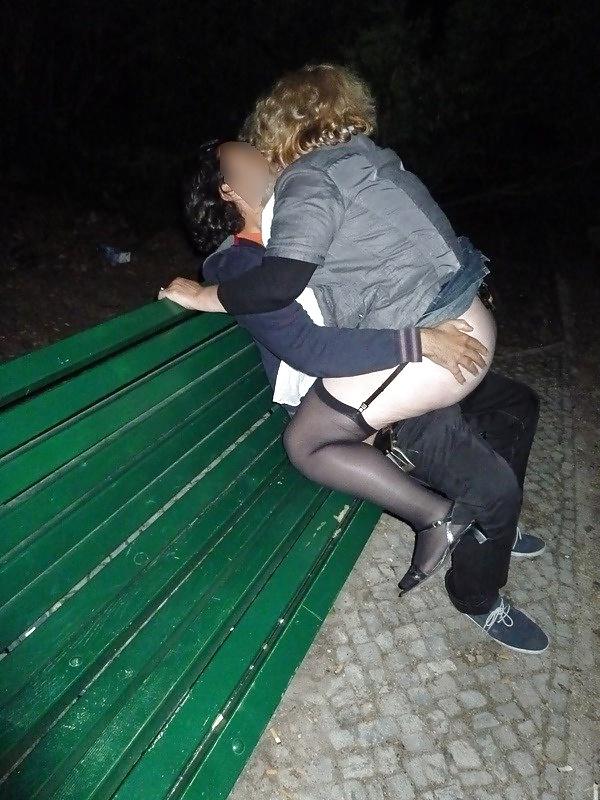 5P Park bench fuck stockings heels suspenders wife