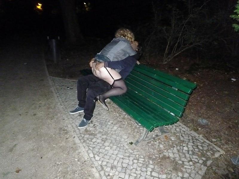5P Park bench fuck stockings heels suspenders wife