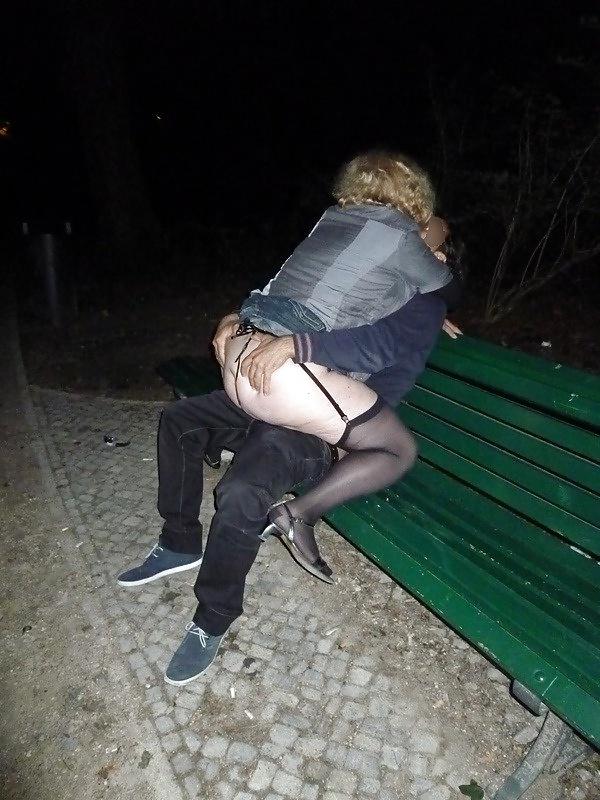 5P Park bench fuck stockings heels suspenders wife