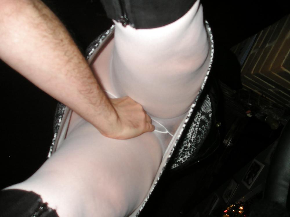 9P My girlfriends upskirt no knickers white tights pantyhose
