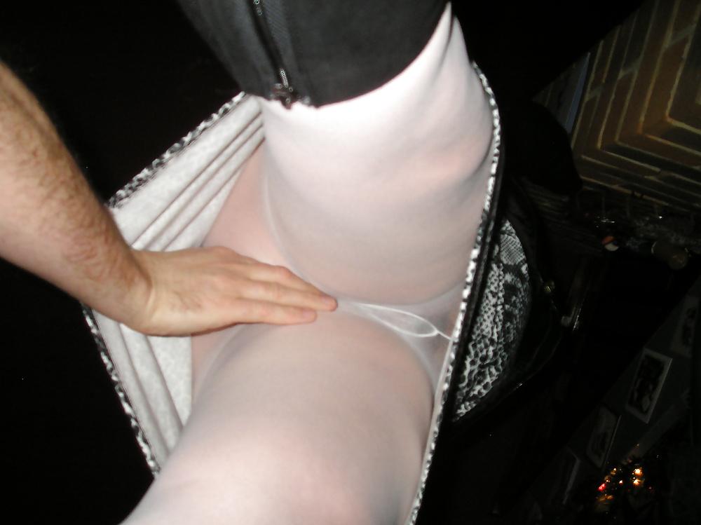 9P My girlfriends upskirt no knickers white tights pantyhose