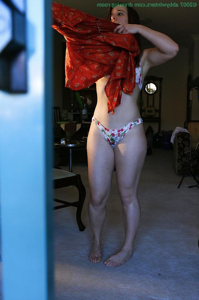 16P Naked MILF Lilou pulls pretty panties up to cover hairy pussy