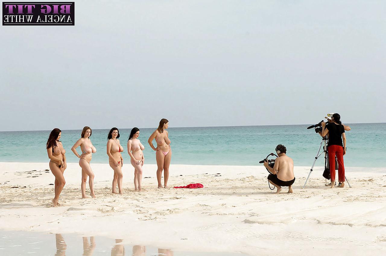 16P Sexy fatty Angela White strips bikini to show massive saggy tits at the beach