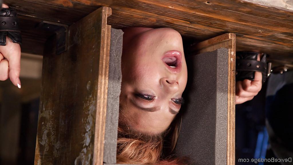16P Tattooed model Dahlia Sky hung upside down with head in bondage box