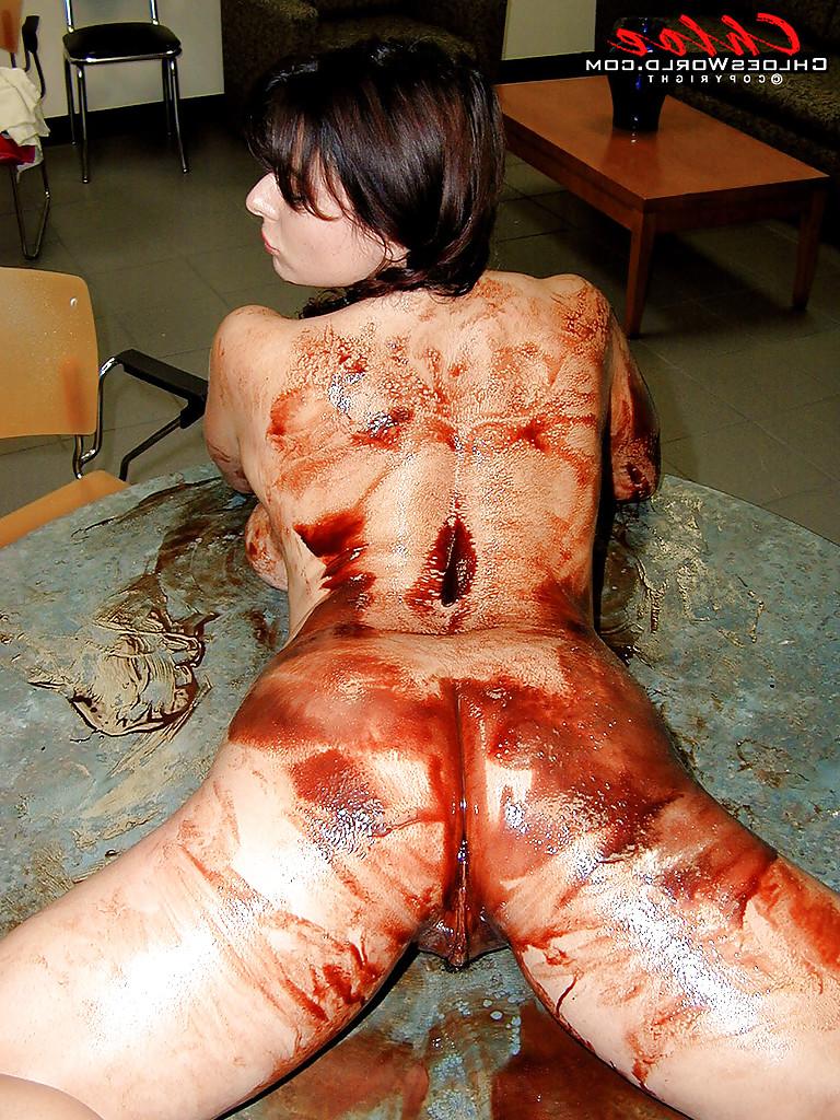 16P French MILF Chloe Vevrier covering huge tits and naked body in chocolate syrup
