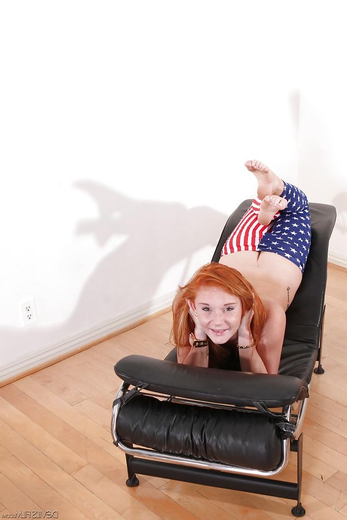16P Alex Tanner is posing on the leather couch and floor with pleasure
