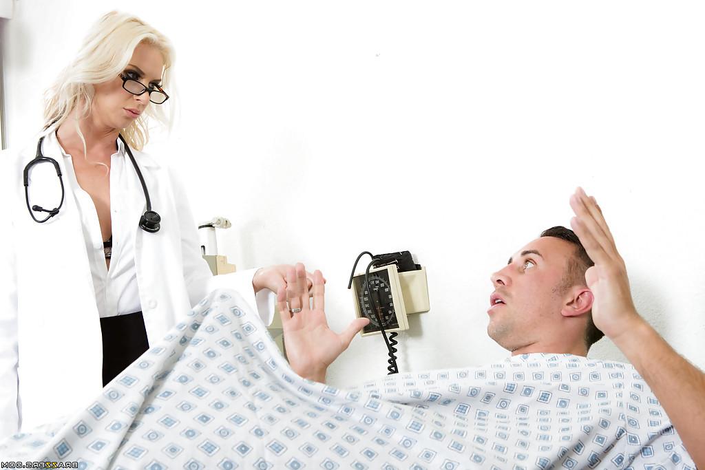 16P Blonde MILF doctor Brooke Brand giving big cock BJ in uniform and glasses