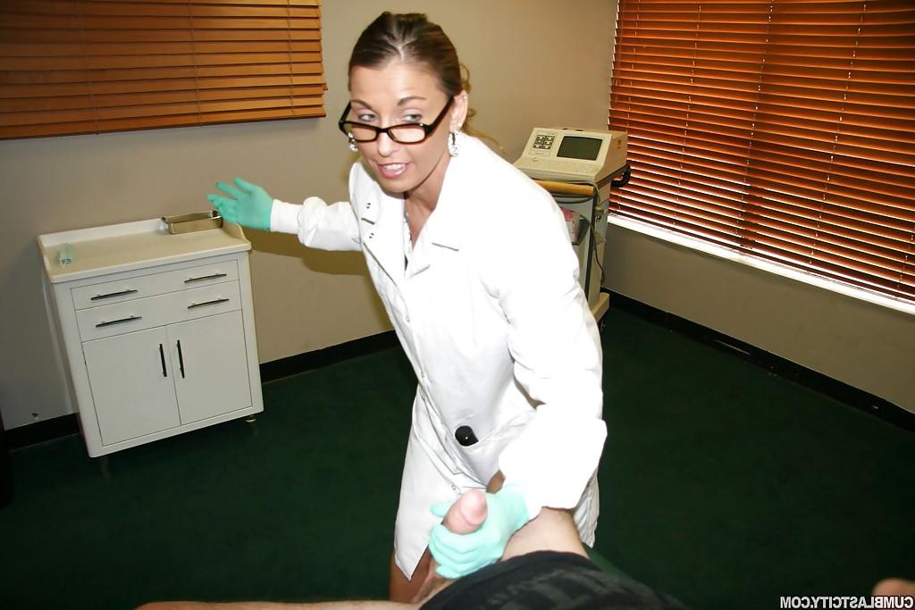 16P Naughty busty doctor with pierced nipples gives a sensual handjob