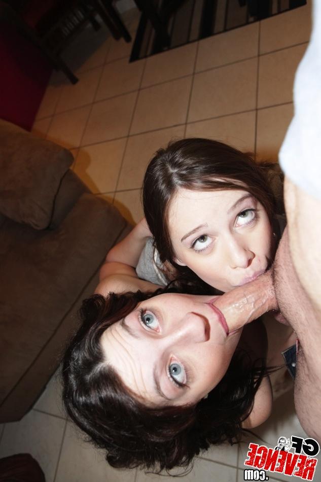 12P Sexy teen & girlfriend show saggy boobs & give gonzo blowjob in hot 3some