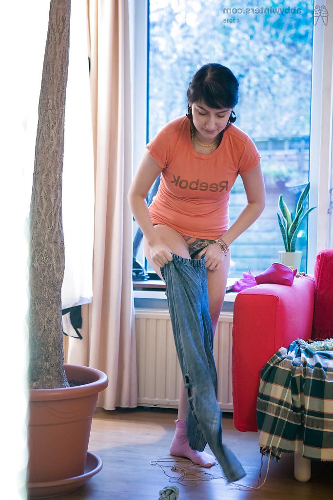 16P Brunette first timer dressing hairy pussy with panties and jeans
