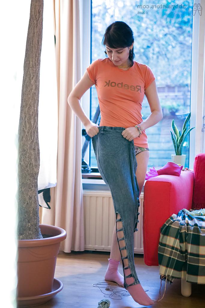 16P Brunette first timer dressing hairy pussy with panties and jeans