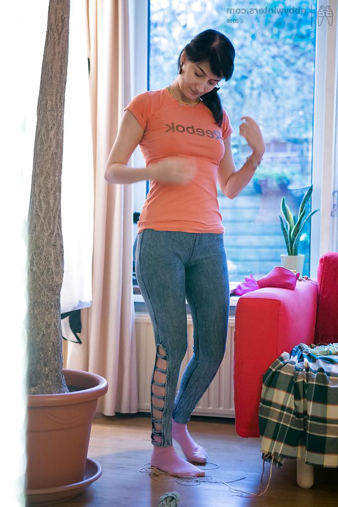 16P Brunette first timer dressing hairy pussy with panties and jeans