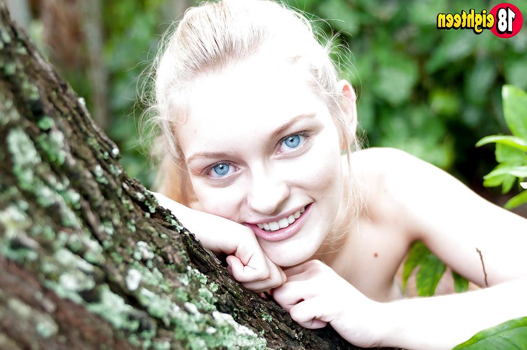 16P Young blonde girl Alli Rae fingering asshole in the woods in knee socks
