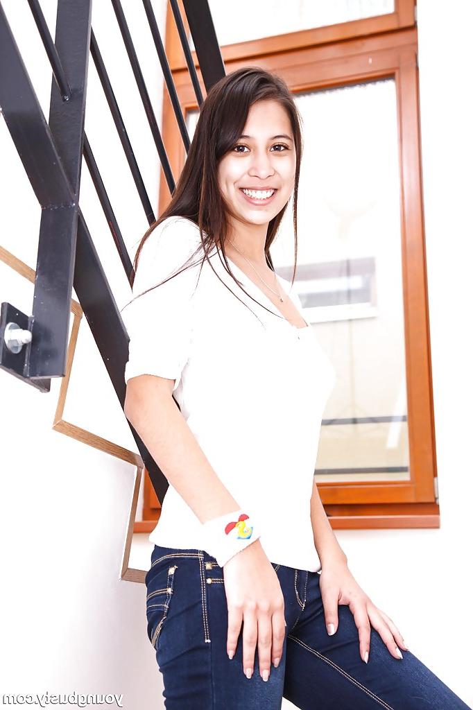 15P Busty European brunette teen babe Paula O removing jeans and panties