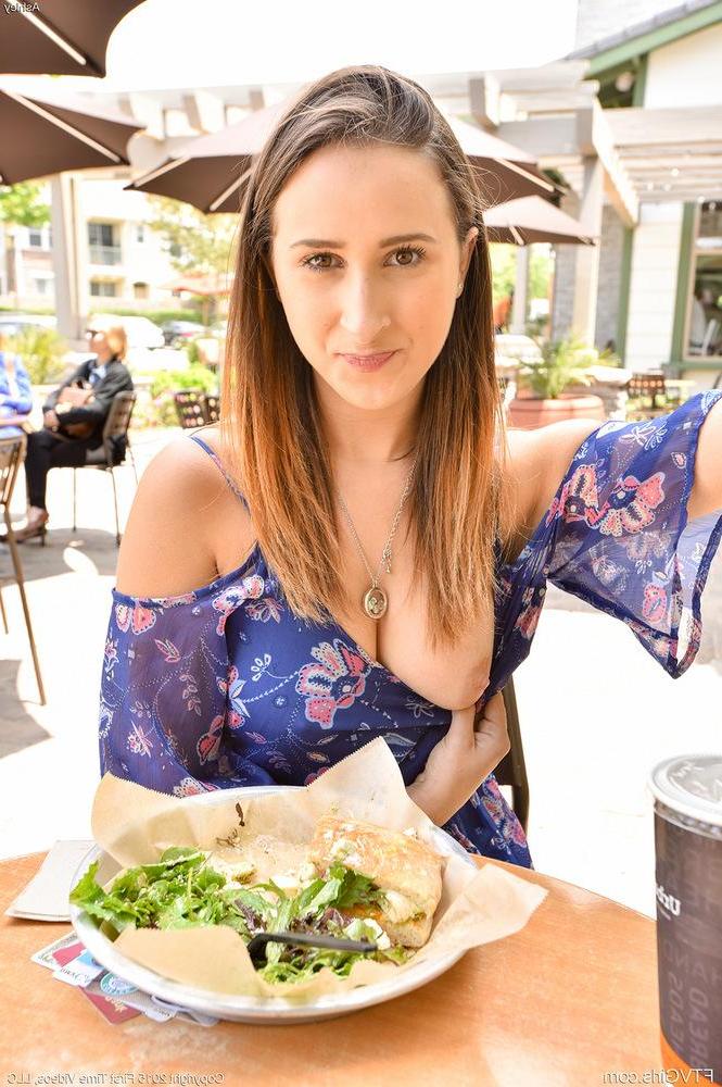15P Brunette teen Ashley lifts her dress and masturbates in public