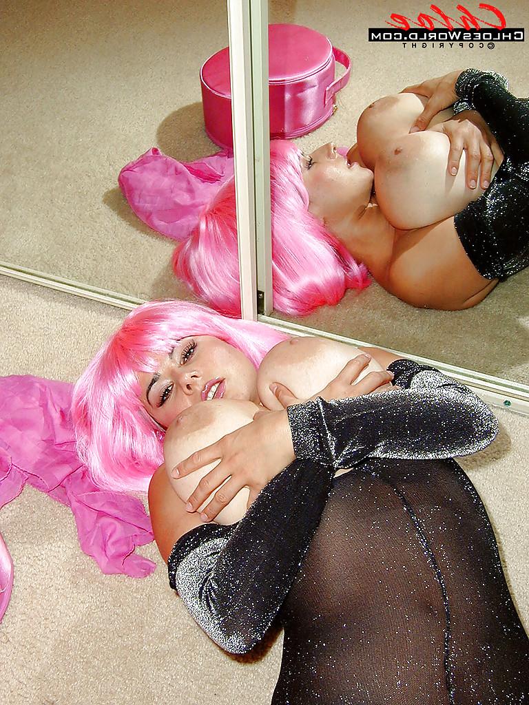 16P French MILF Chloe Vevrier loosing huge boobs from bodystocking in pink hair