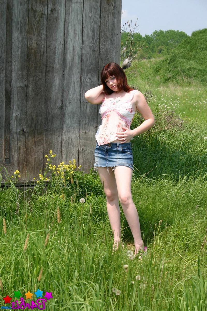 12P Perfect perky teen Barbie gets naked outdoors behind the barn at the farm