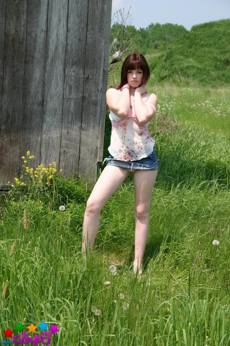 12P Perfect perky teen Barbie gets naked outdoors behind the barn at the farm