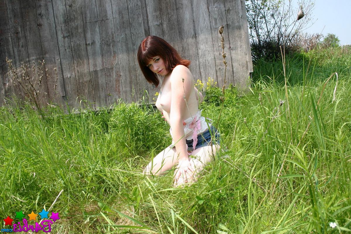 12P Perfect perky teen Barbie gets naked outdoors behind the barn at the farm