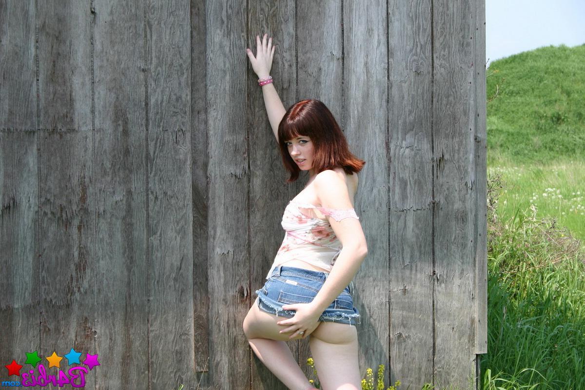 12P Perfect perky teen Barbie gets naked outdoors behind the barn at the farm