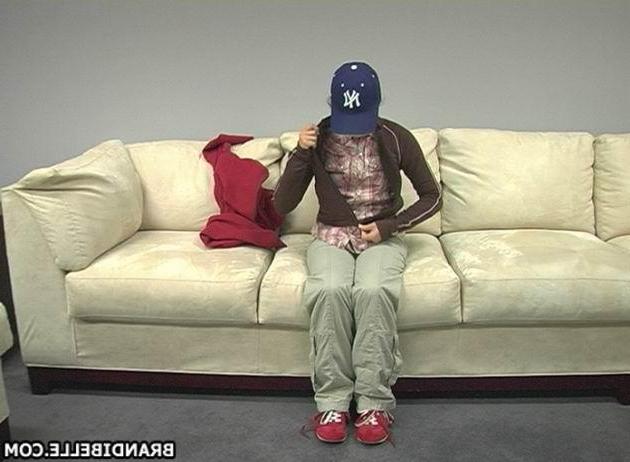 16P Pictures of teen amateur Brandi Belle stripping on the couch