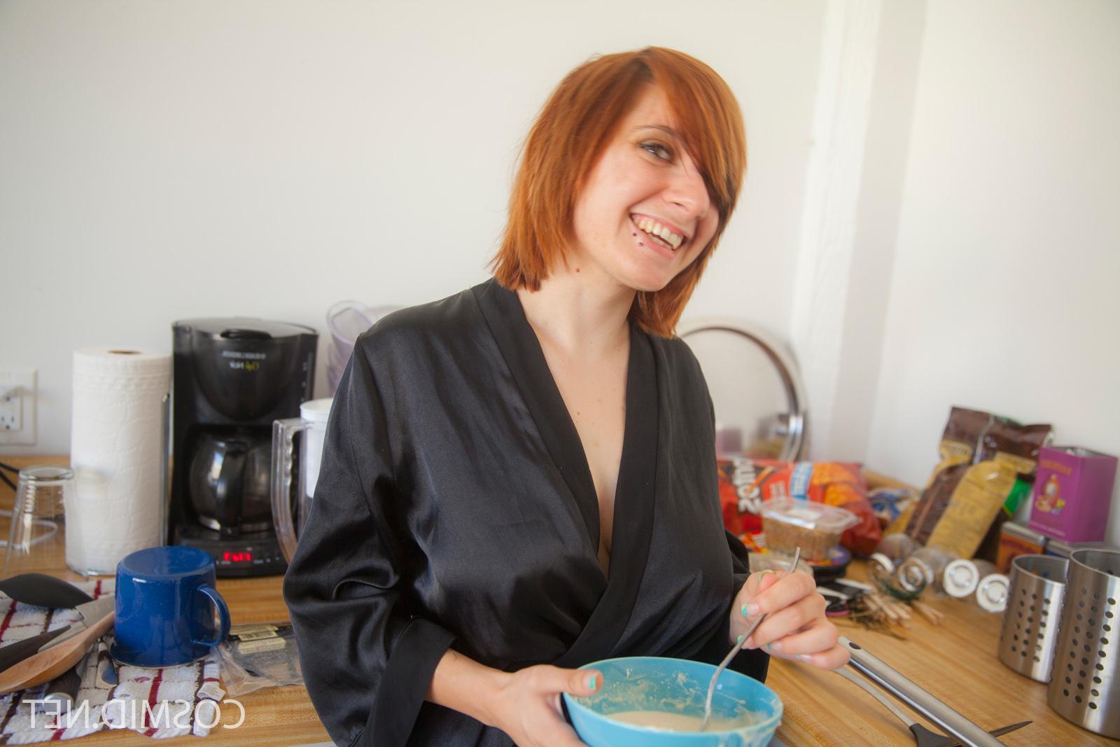 16P Busty redhead teen Chelsea Bell gets naked while making some eggs