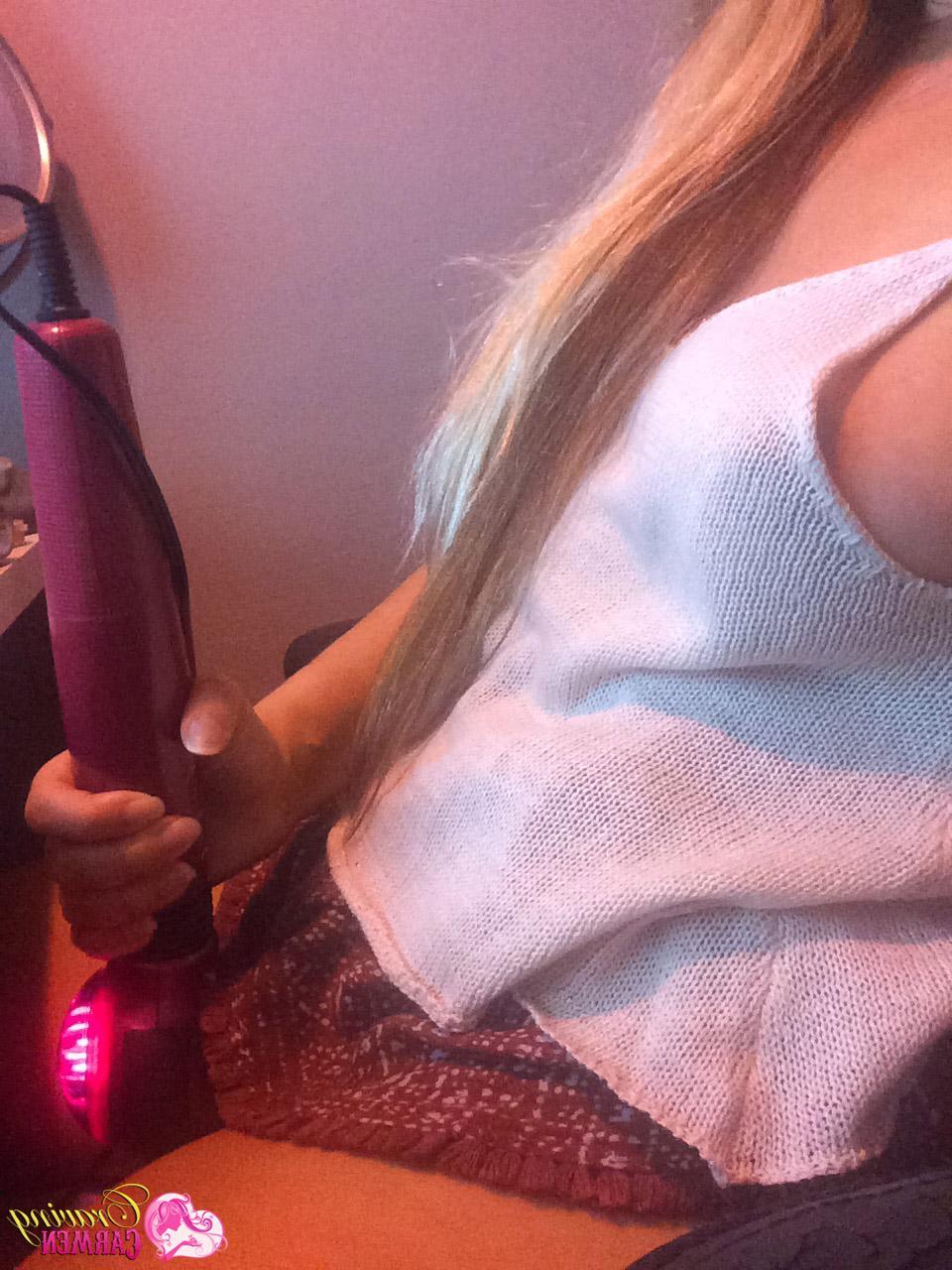 12P Stunning babe Craving Carmen loves to tease while taking self shot pictures of her perfect pussy