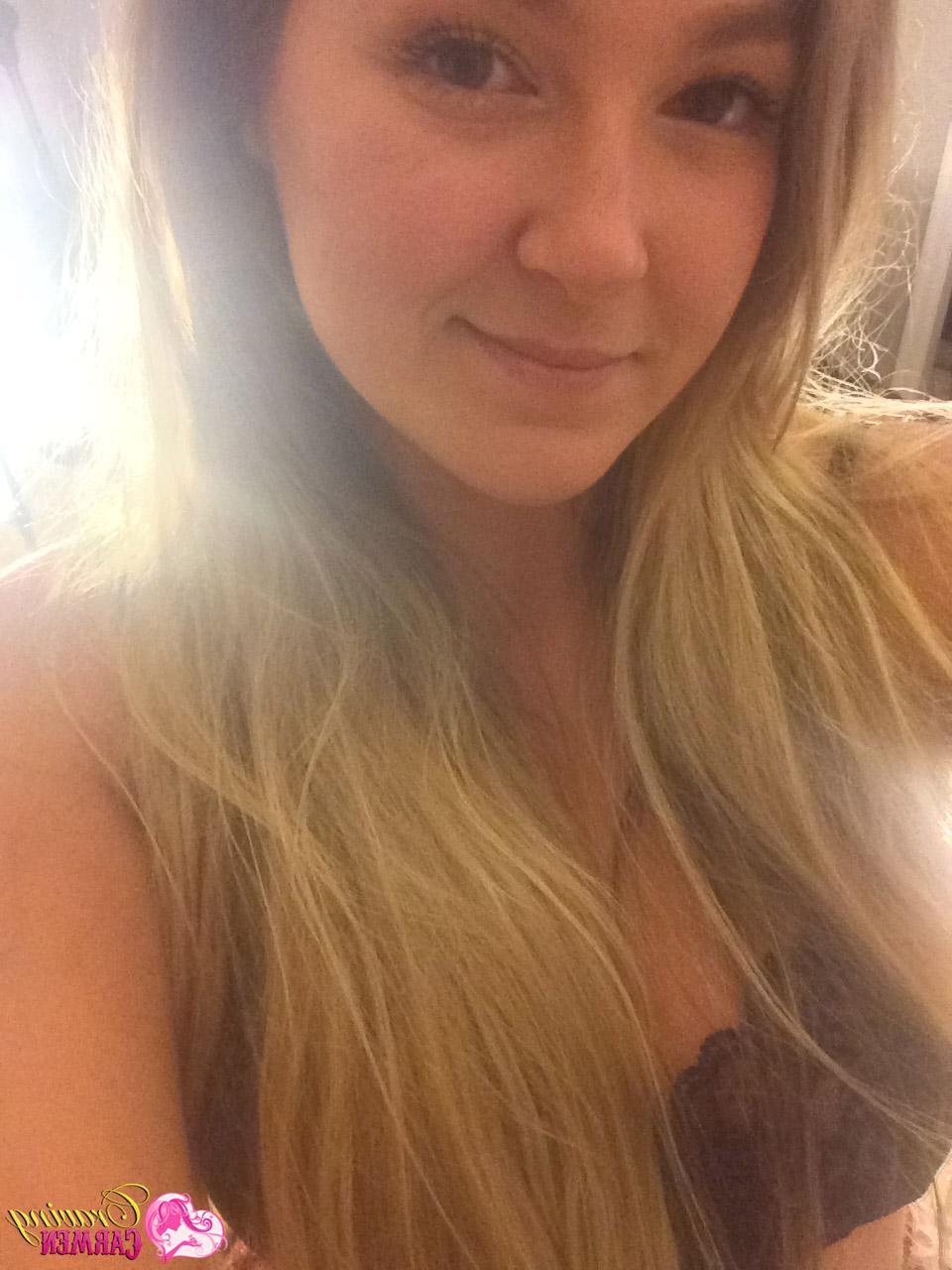 12P Stunning babe Craving Carmen loves to tease while taking self shot pictures of her perfect pussy