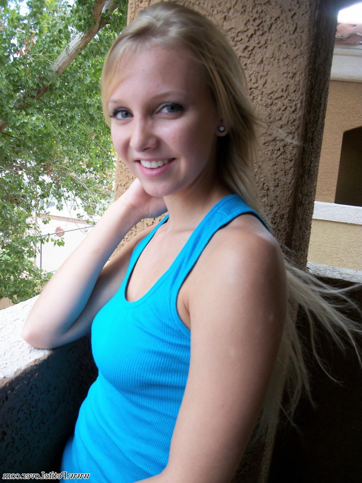 16P Beautiful blonde teen Elle flashes her beautiful tits and pussy on the patio