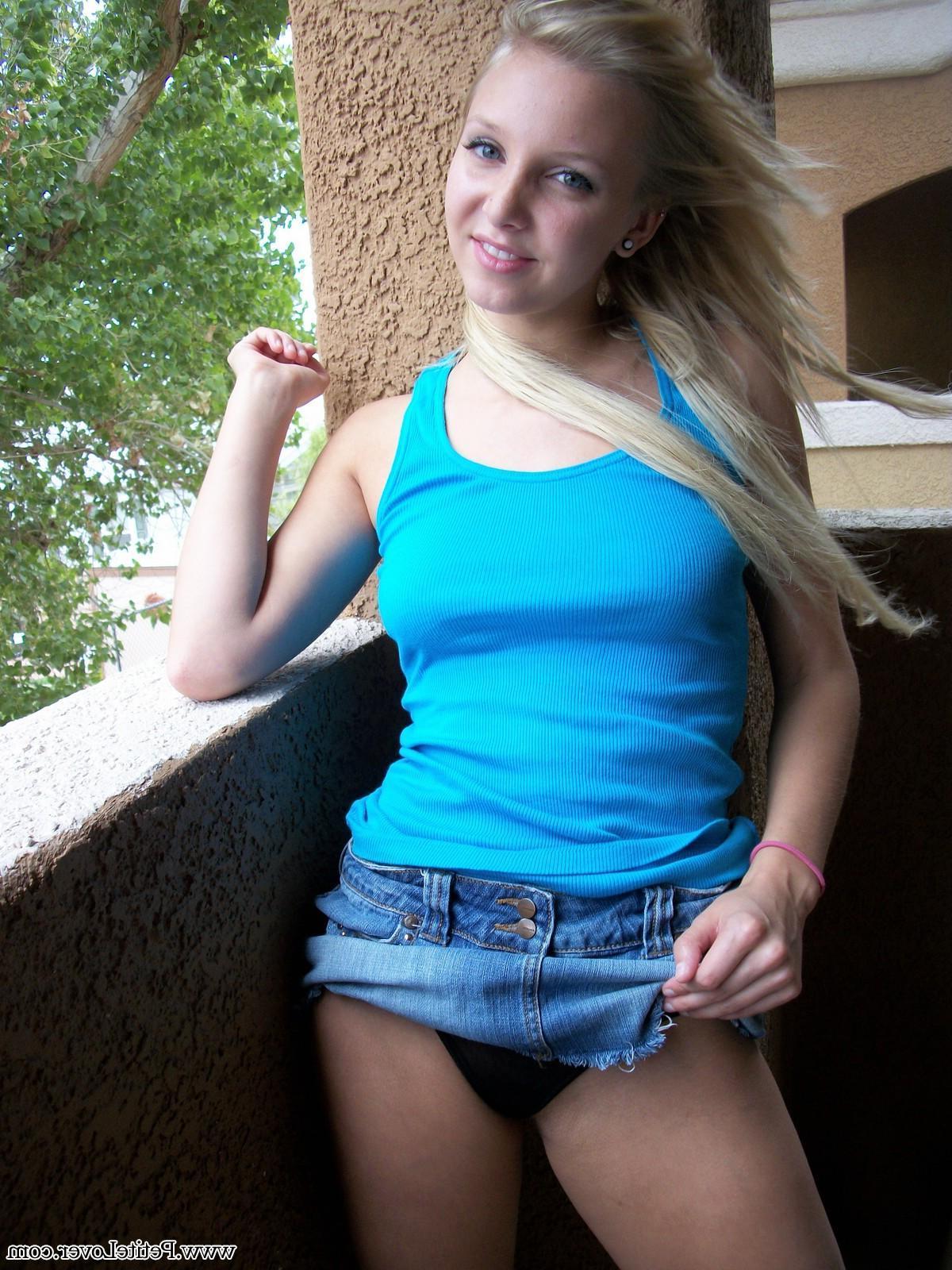 16P Beautiful blonde teen Elle flashes her beautiful tits and pussy on the patio