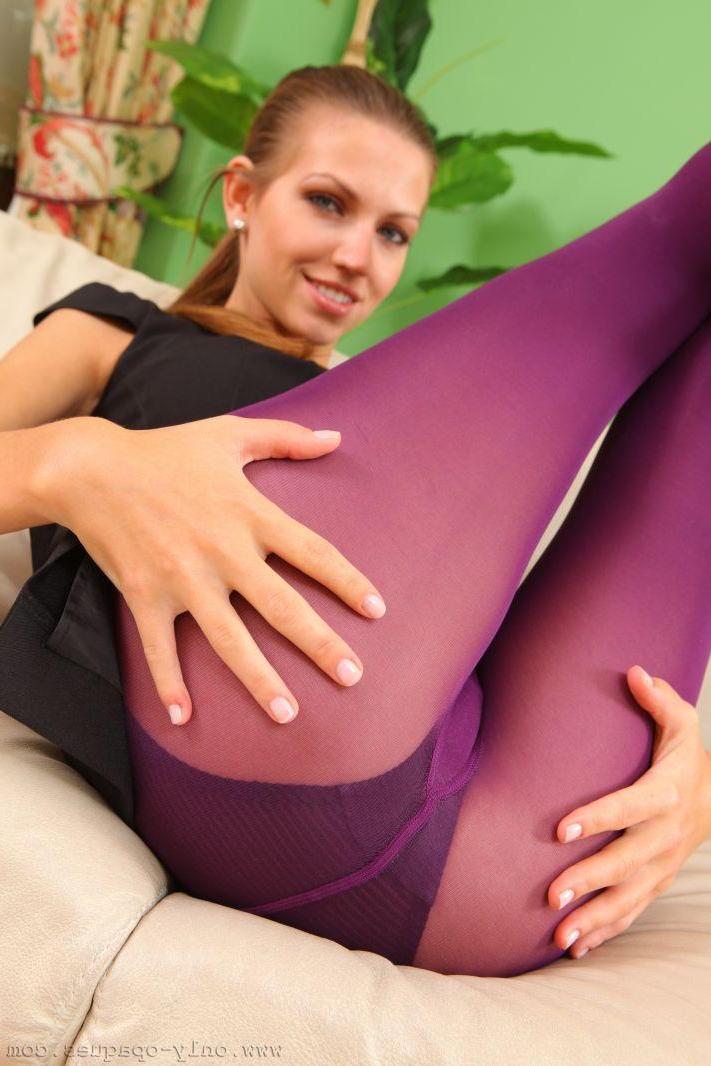 16P Kinky secretary strips out of her smart black dress and sheer panties and poses in just her purple pantyhose.