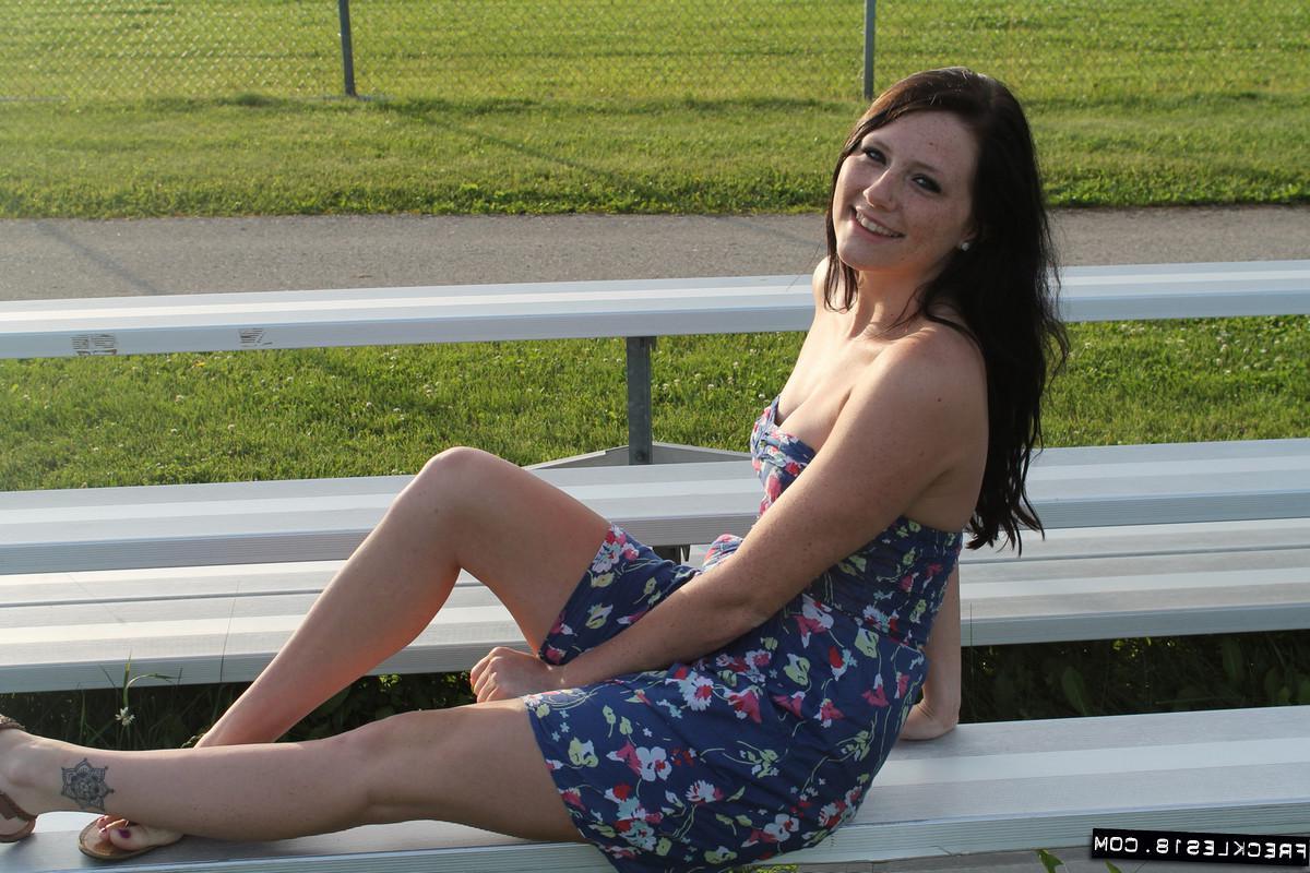 12P Beautiful brunette girl Freckles 18 lifts her floral dress to show you her panties