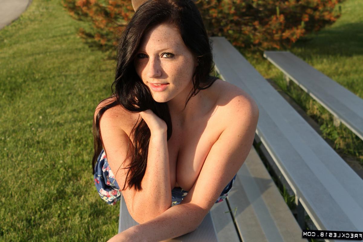 12P Beautiful brunette girl Freckles 18 lifts her floral dress to show you her panties