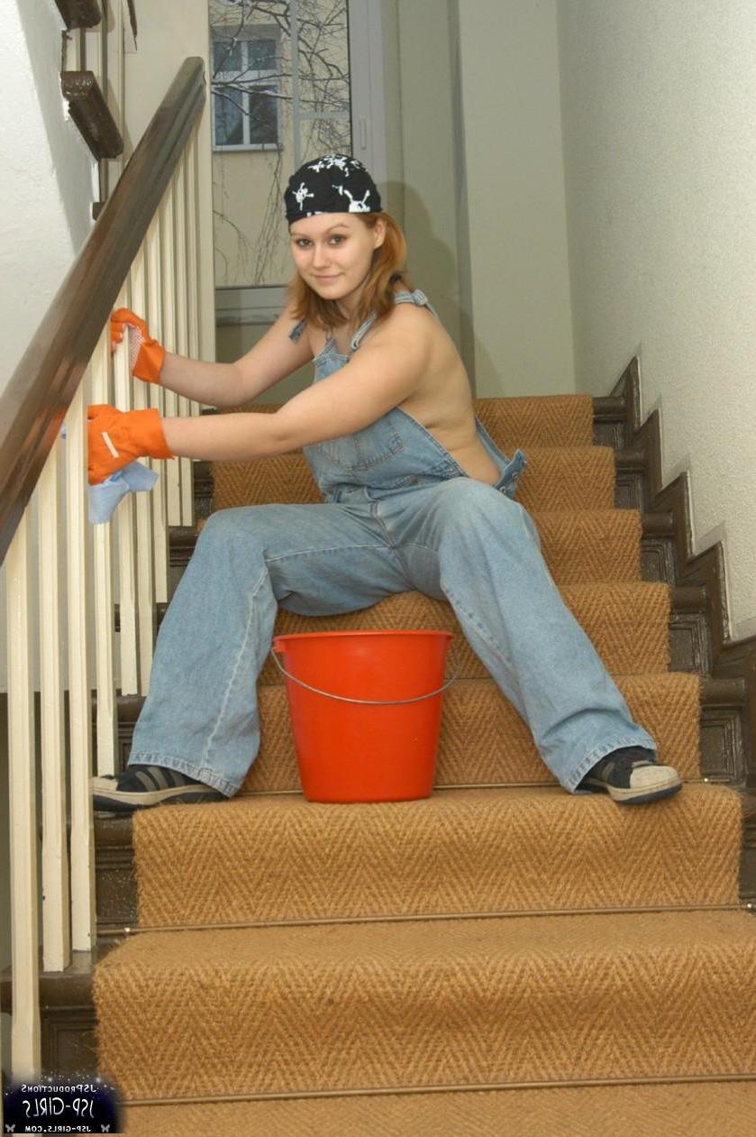 16P Pictures of busty girl Melli getting hot while she cleans her house