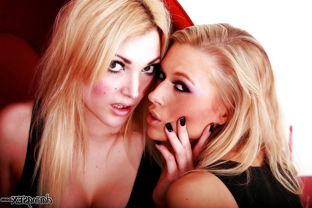 16P Seductive blonde vixens posing in latex dresses and high heeled shoes