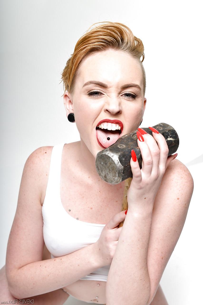 15P Blonde bombshell Miley Mae in white panties showing sexy pierced tongue