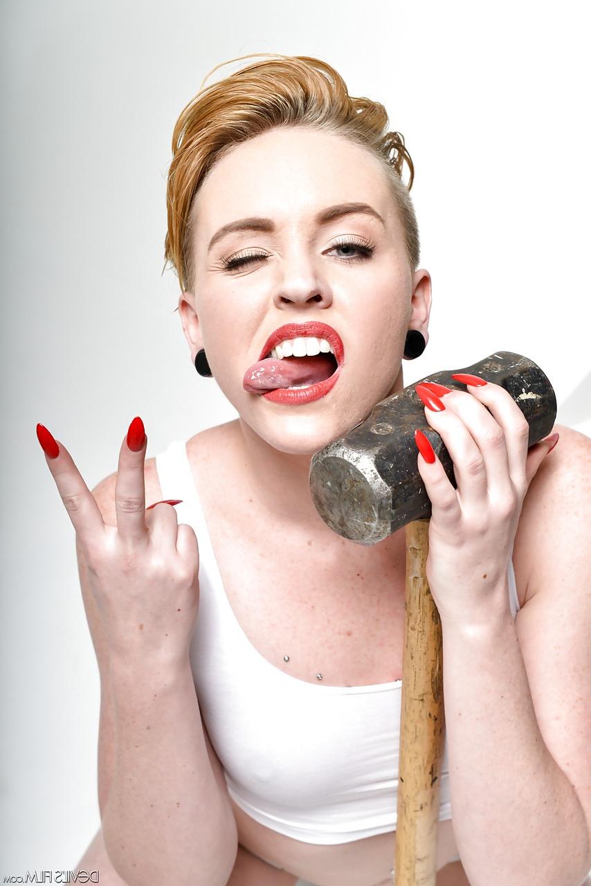 15P Blonde bombshell Miley Mae in white panties showing sexy pierced tongue