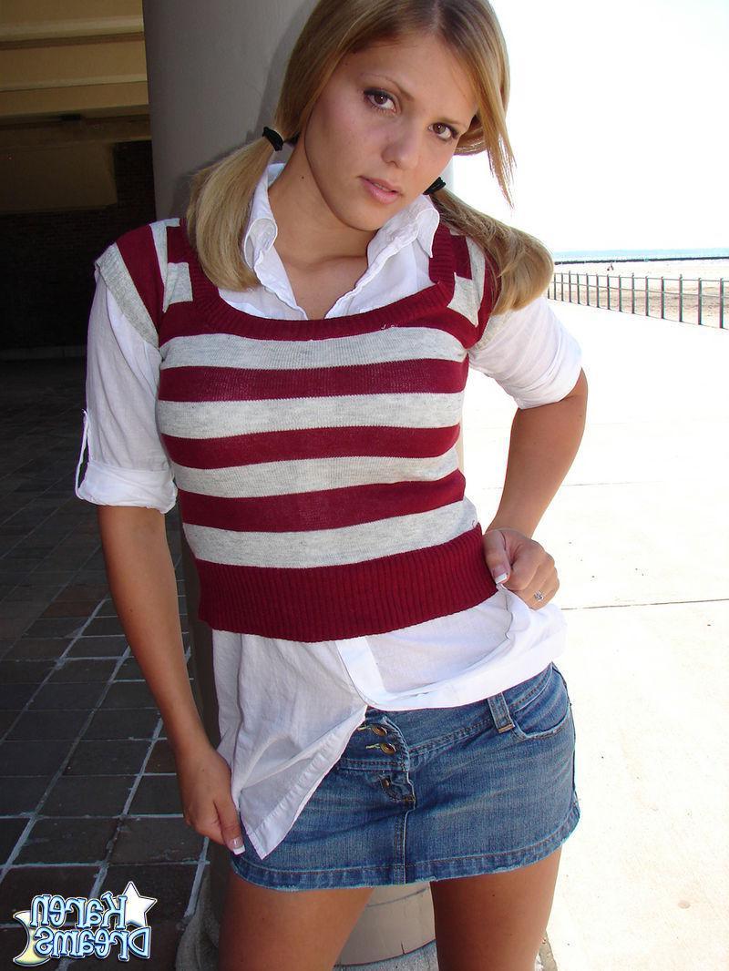 20P Pictures of schoolgirl Karen Dreams flashing her panties outside
