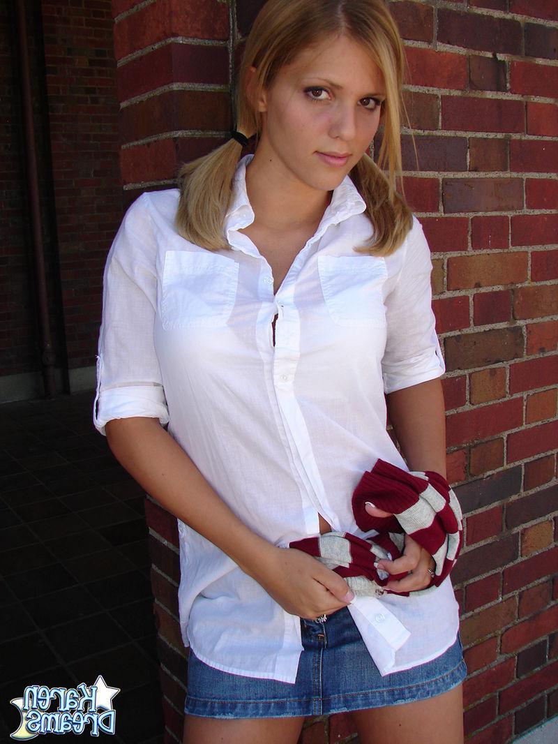 20P Pictures of schoolgirl Karen Dreams flashing her panties outside