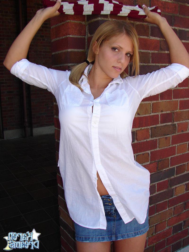 20P Pictures of schoolgirl Karen Dreams flashing her panties outside