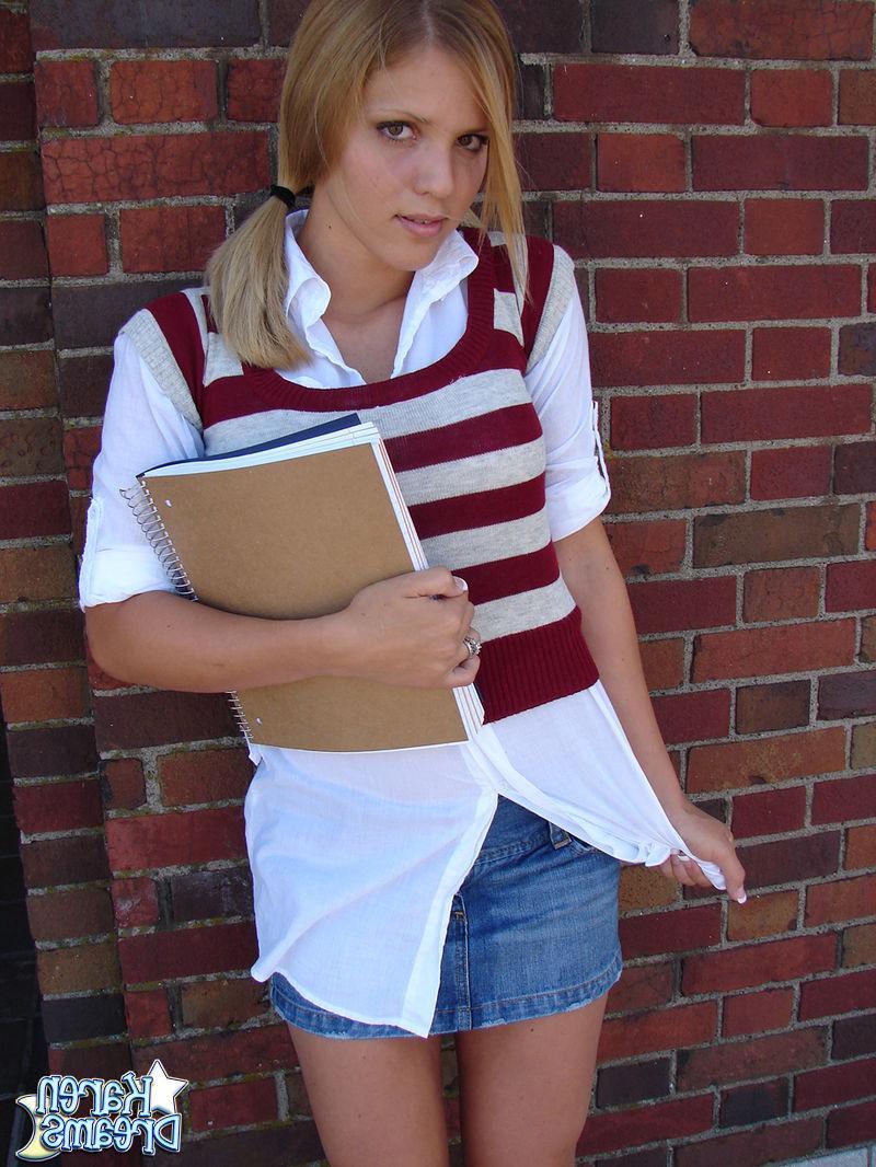 20P Pictures of schoolgirl Karen Dreams flashing her panties outside