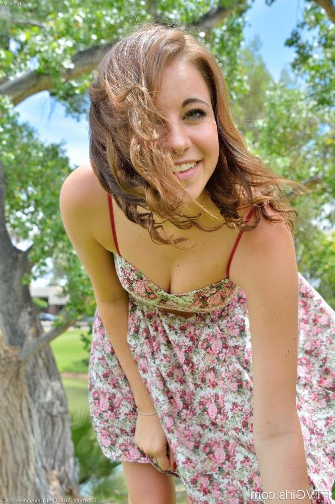15P Brunette teen Kinsley lifts her dress to put things in her pussy