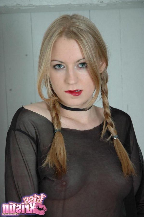 12P Hot teen Kristin poses and teases in her fishnets and pigtails