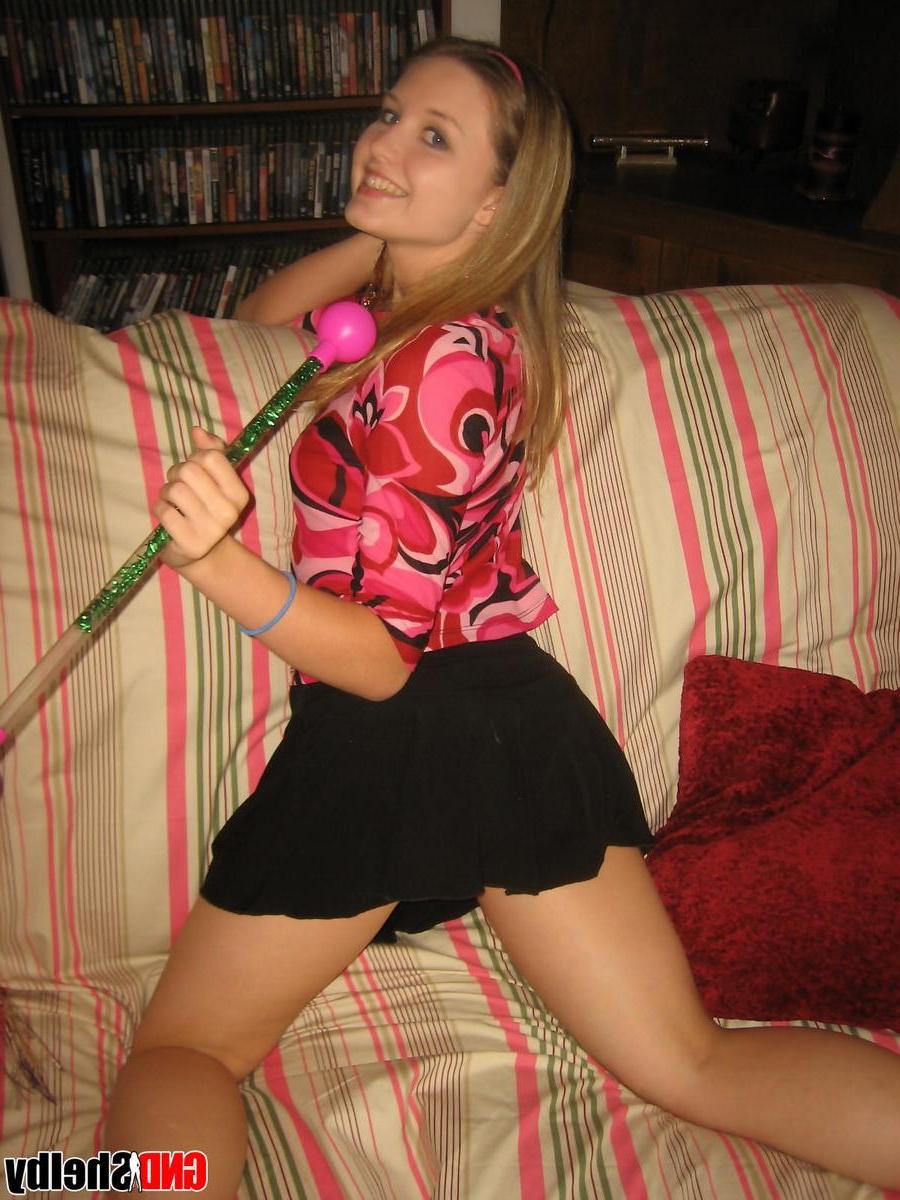 12P Horny petite teen Shelby strips naked and plays with her pink baton