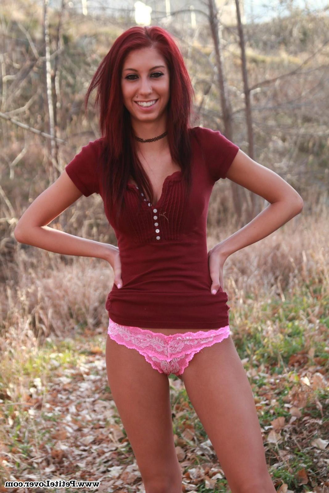 16P Hot redhead teen Layla shows you her pink panties outside