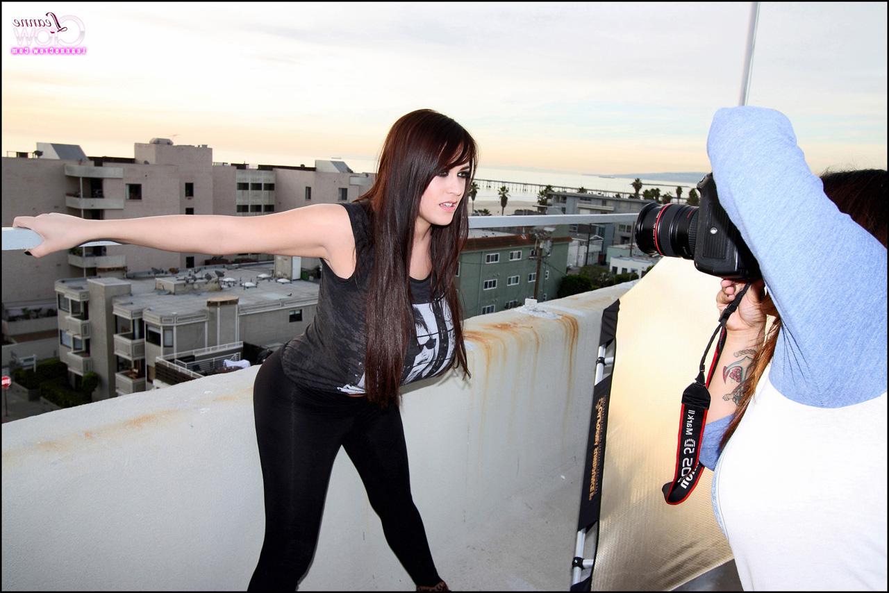 15P Leanne Crow lets her massive boobs pop out on the roof