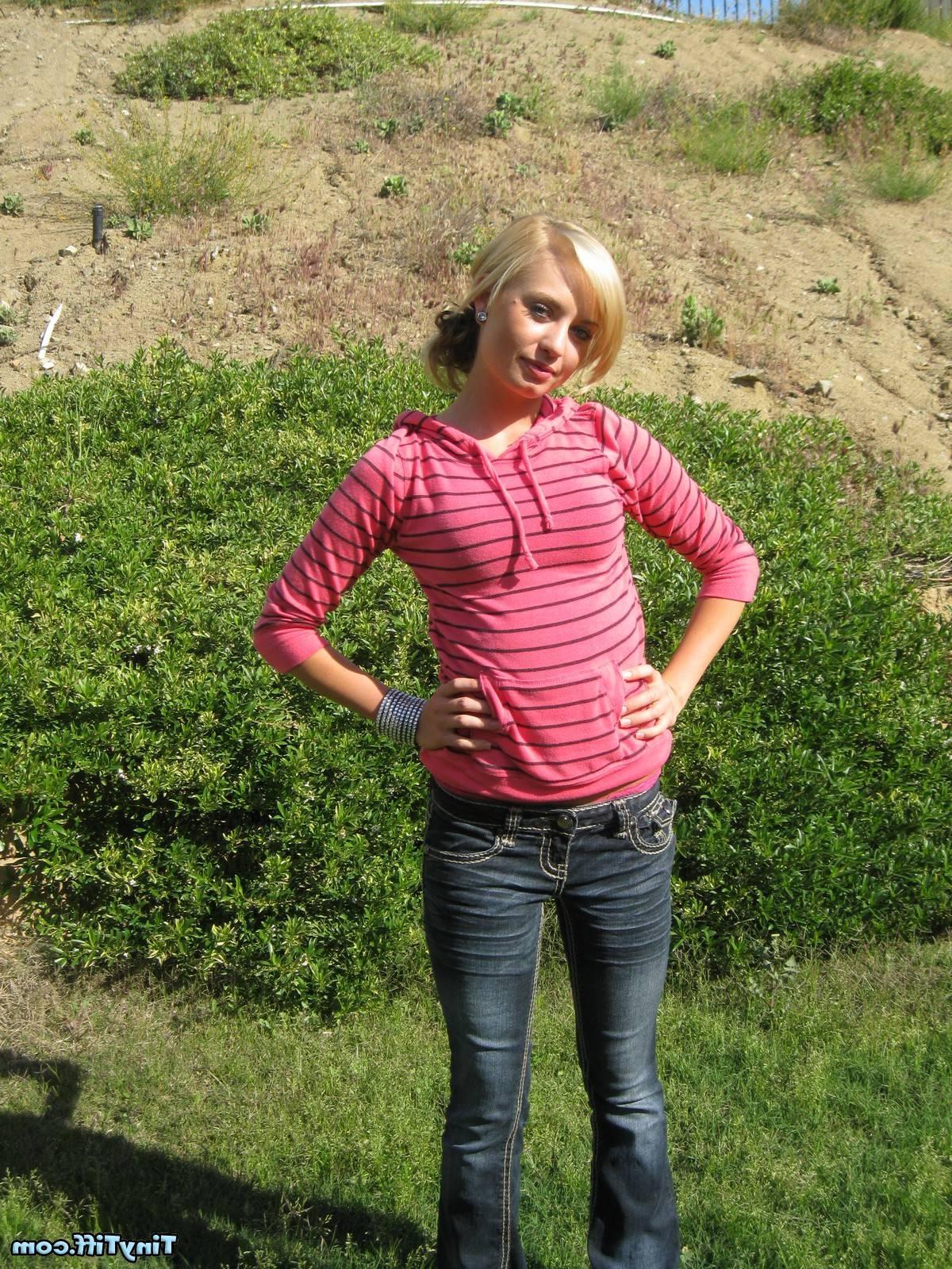 16P Blonde hottie Tiny Tiff removes her jeans and tank outdoors