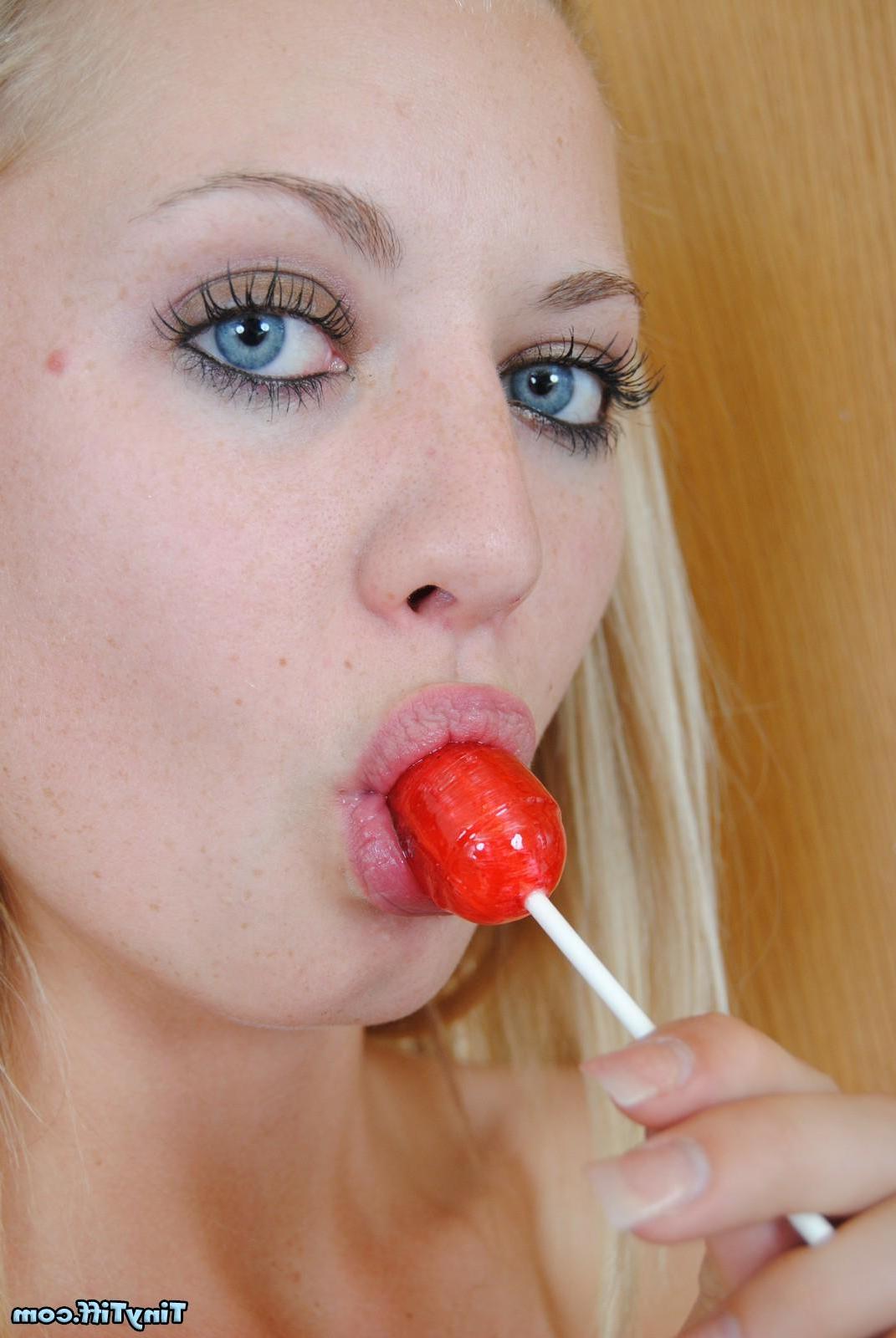 16P Tiny Tiff wearing starred stockings and sucking a lollipop