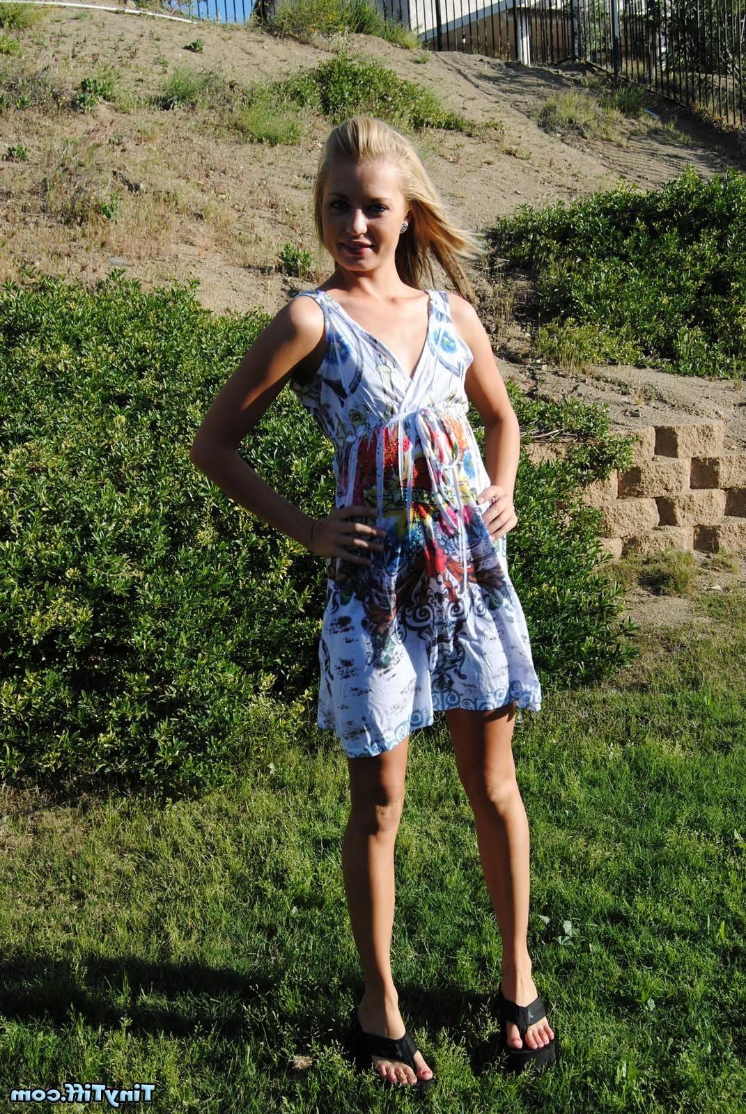 16P Blonde girl Tiny Tiff flashes in her sexy white summer dress outside