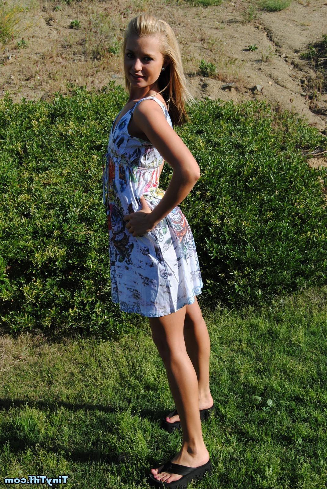 16P Blonde girl Tiny Tiff flashes in her sexy white summer dress outside